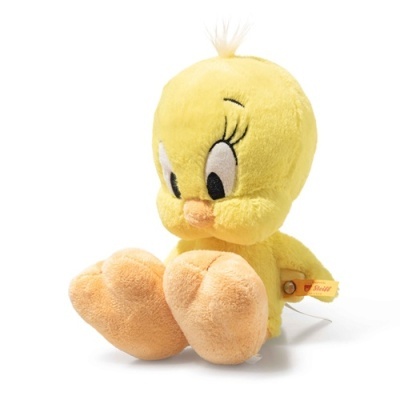 Boneco de pelúcia amarelo do Tweety com pés cor de laranja e etiqueta Steiff