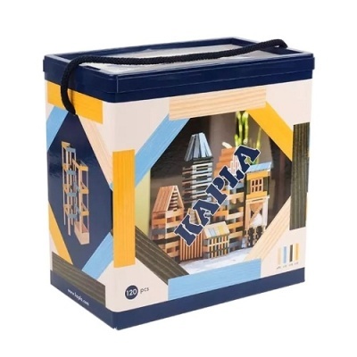 Caixa azul e branca com blocos de madeira coloridos LAPILA