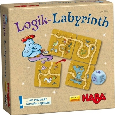 Caixa do jogo Logik-Labyrinth da HABA com cartas de labirintos e dado com números.