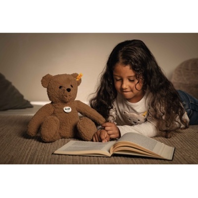 Urso de peluche castanho com rapariga a ler livro numa superfície castanha