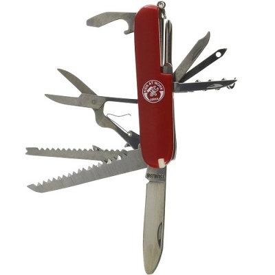 Canivete suíço multifunções vermelho com várias lâminas em aço inox