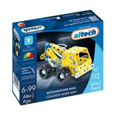 Conjunto de construção 'Concrete Mixer Mini' eitech com peças amarelas e pretas em embalagem azul