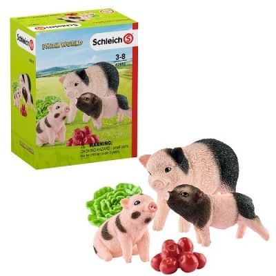 Conjunto de brinquedos porcos Schleich Farm World com frutas e legumes em caixa verde