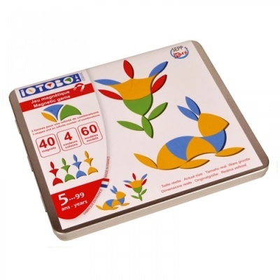 Jogo magnético Loto com peças geométricas coloridas e embalagem de cartão