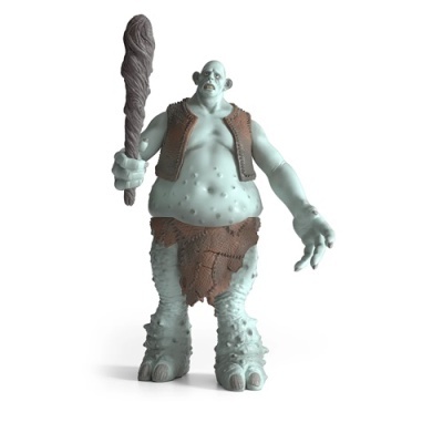 Figura de ação de troll azul com colete e calções marrons segurando porrete