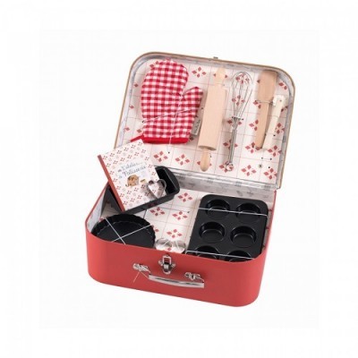 Mala vermelha com acessórios de pastelaria em padrão branco e vermelho