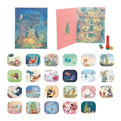 Calendário de advento ilustrado com cartões coloridos e lanterna vermelha