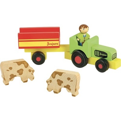 Trator e vacas de brinquedo em madeira colorida