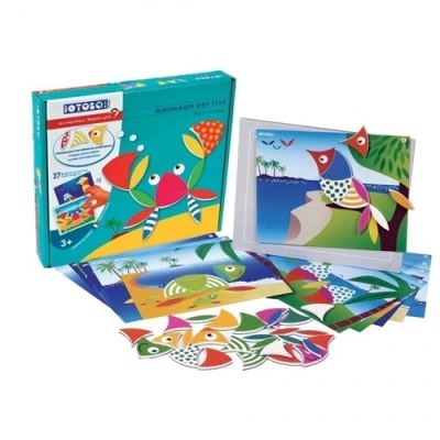 Jogo de mosaicos coloridos Totom para crianças com peças e placas ilustradas