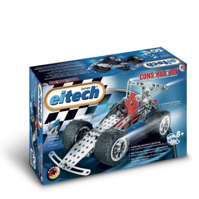 Caixa do brinquedo Eitech para montar carro de corrida metálico com rodas pretas em fundo azul