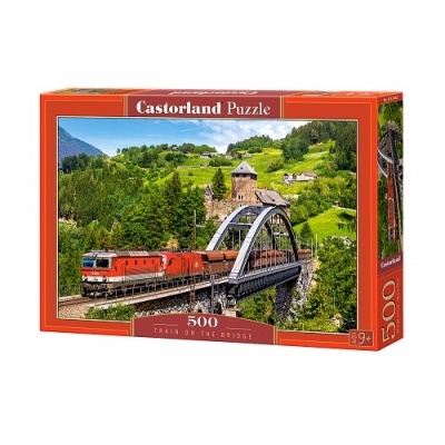 Caixa de puzzle Castorland com imagem de comboio vermelho numa ponte