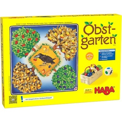 Embalagem amarela do jogo Obst-garten com ilustração de árvores frutíferas e corvo