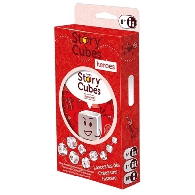 Embalagem vermelha do jogo Story Cubes heroes com dados ilustrados