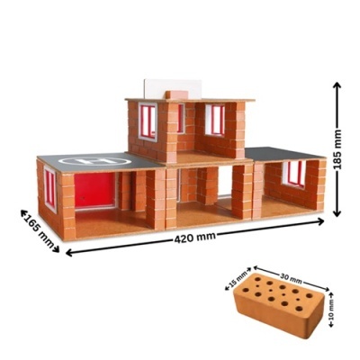 Modelo de casa em tijolo com janelas vermelhas e superfície cinzenta com símbolo H