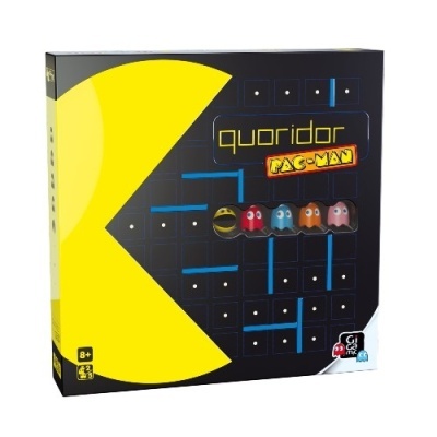 Caixa de jogo Quoridor edição Pac-Man preta e amarela com personagens do jogo e texto visível