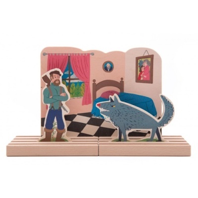 Peças de madeira ilustradas com homem, lobo e cenário interior de casa