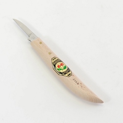Faca pequena com cabo em madeira clara e lâmina curva