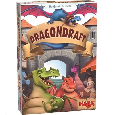 Caixa de jogo Dragondraft com dragões coloridos e castelo ao fundo