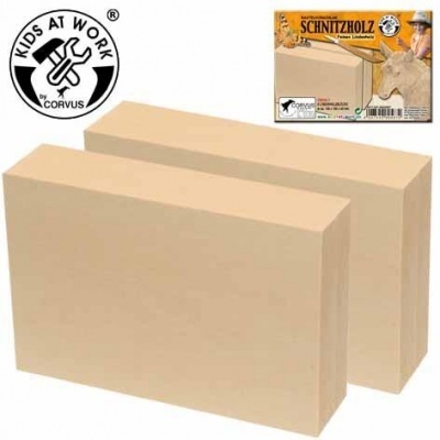 Dois blocos de madeira clara com rótulo SCHNITZHOLZ e logo KIDS AT WORK by CORVUS