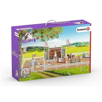 Caixa de brinquedo Schleich Horse Club representando picadeiro de equitação com cavalo e acessórios