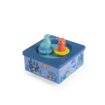 Caixa musical azul com figuras de foca e polvo.