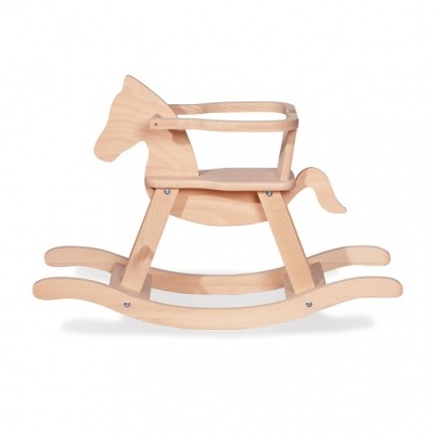 Cavalo de baloiço infantil em madeira clara com suporte de segurança