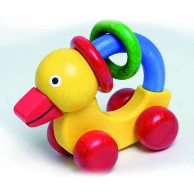 Brinquedo de madeira em forma de pato colorido com rodas