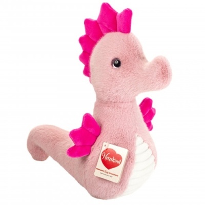 Pelúcia de cavalo-marinho cor-de-rosa com crista e barbatanas cor-de-rosa, barriga branca e etiqueta Herzekind