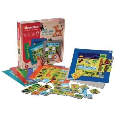 Jogo educativo Mon petit safari com tabuleiros e peças coloridas representando animais selvagens.