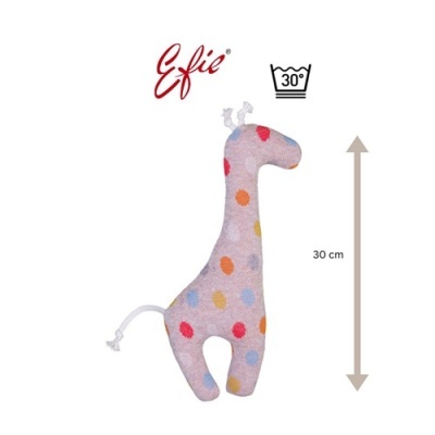 Pelúcia de girafa colorida com bolinhas e símbolo de lavagem a 30°