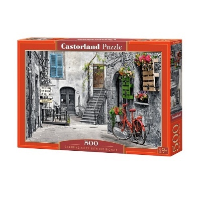 Caixa de puzzle com imagem de rua charmosa, bicicleta vermelha e flores