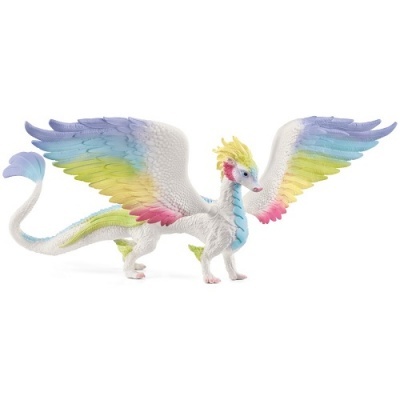 Figura detalhada de dragão branco com asas coloridas e cauda longa
