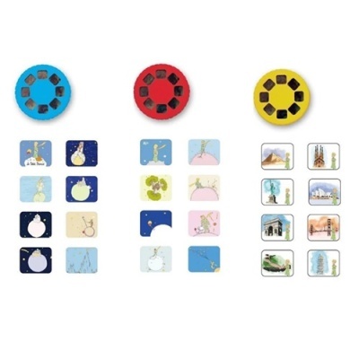 Três jogos de cartas e discos coloridos com imagens ilustradas