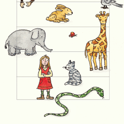 Ilustração infantil colorida com vários animais e menina sobre fundo branco