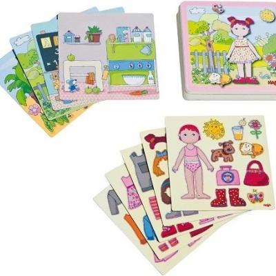 Cartas de jogo infantis coloridas com desenhos de menina e roupas