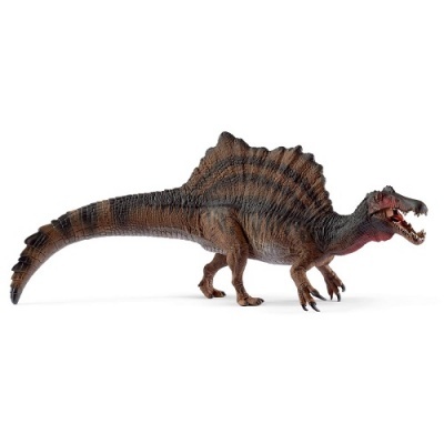 Figurine de dinossauro Spinosaurus castanha e preta com textura rugosa