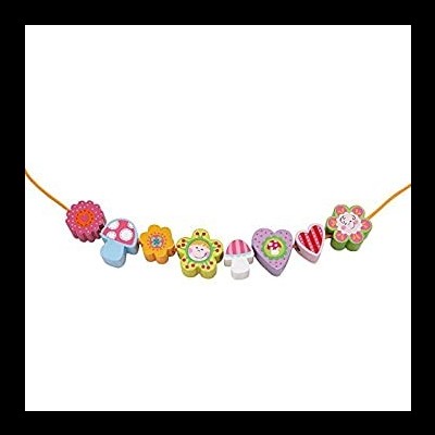 Colar infantil de contas coloridas em madeira com formas de flores, cogumelos e corações