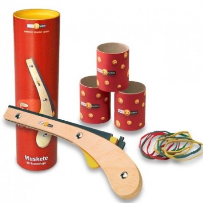 Conjunto de brinquedo Muskete com lançador de madeira, recipientes vermelhos e elásticos coloridos