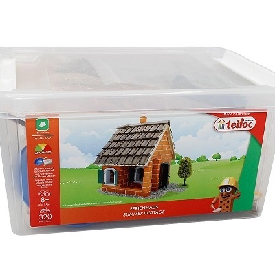 Caixa plástica com kit de construção de casinha de verão Teiloc, 320 peças.