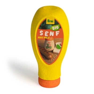 Frasco amarelo de mostarda de madeira com tampa laranja e etiqueta colorida