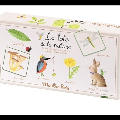 Caixa de jogo de loto com ilustrações naturais e texto em francês da marca Moulin Roty