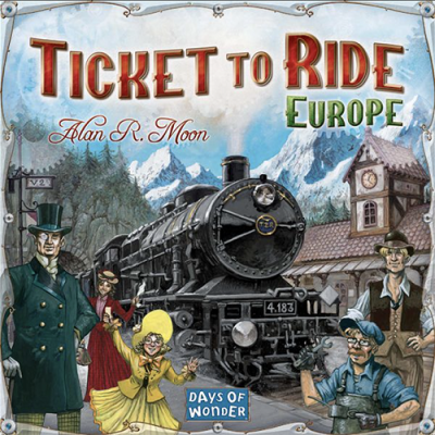 Capa do jogo de tabuleiro Ticket to Ride Europe com trem e personagens em cenário antigo