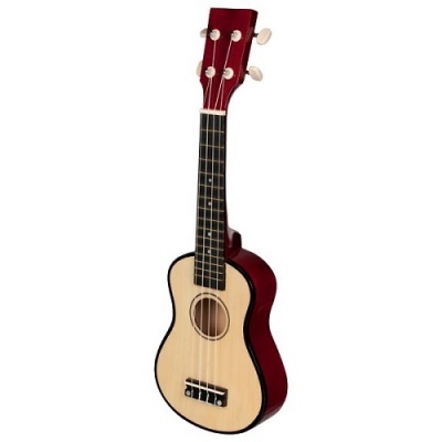 Ukulele de madeira clara e vermelha com 4 cordas