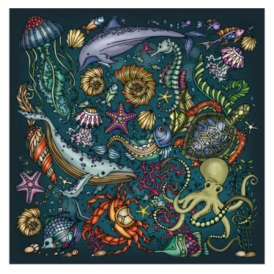 Ilustração de criaturas marinhas coloridas sobre fundo azul escuro