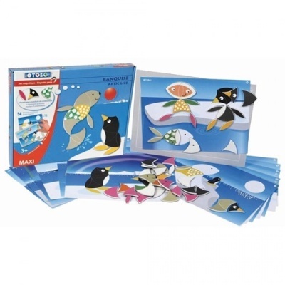 Jogo educativo Maxi TOTOTO com peças coloridas e cartões de fundo azul.