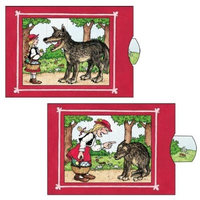 Cartas interativas coloridas com ilustrações do conto Chapeuzinho Vermelho e o lobo.