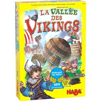Caixa de jogo La Vallée des Vikings com vikings e barris em ilustração colorida.