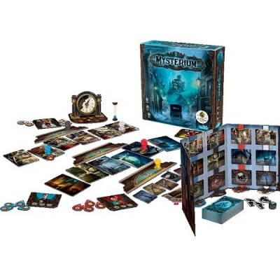 Jogo de tabuleiro MYSTERIUM com cartas, peças e tabuleiro em azul