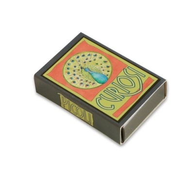Caixa metálica pequena com desenho de pavão e texto CIROC e PICCOLI