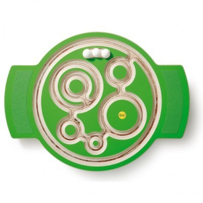 Tabuleiro de jogo redondo verde com pistas circulares e esferas brancas